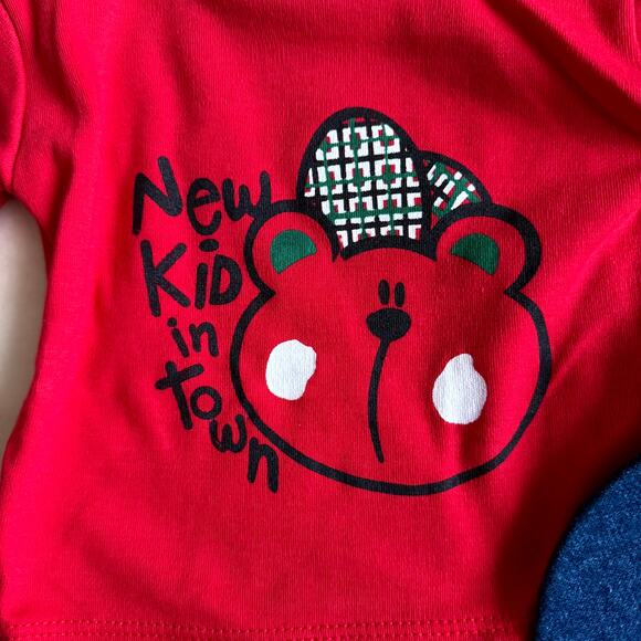 Vintage 90s K.K. Kid's Fashion 3-Piece Overall Set Unisex 6-9M Denim Plaid Bear - Picture 4 of 10